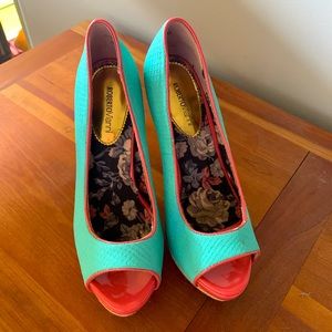 Turquoise and pink peep toe heels